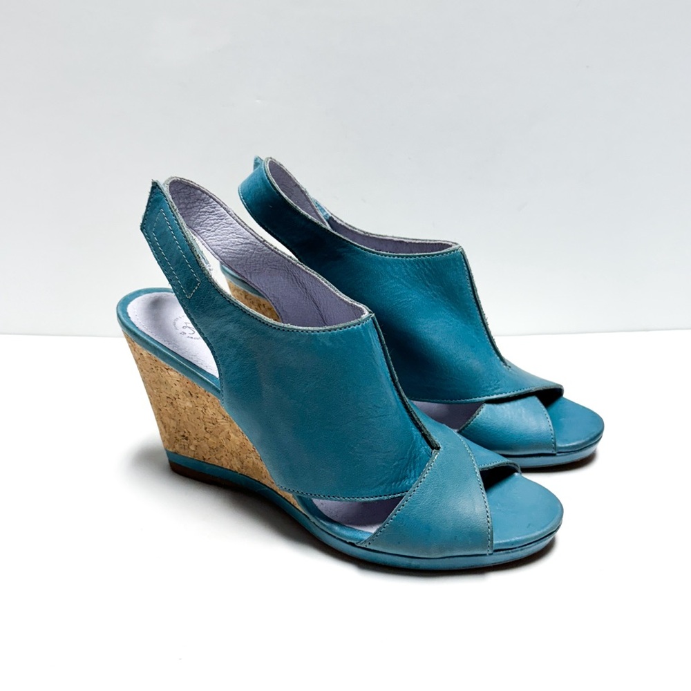Johnston & Murphy Cork Wedge Blue Leather Peep Toe Sandals